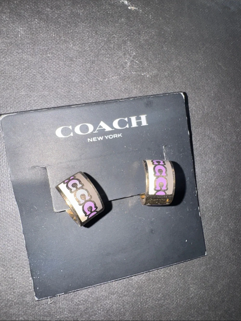 Coach Gold-Tone Hoop Earrings with purple Logo Accent - Picture 2 of 3